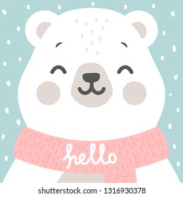 Cute Bear vector print, baby shower card. teddy with hello write cartoon illustration, christmas greeting card, kids cards for birthday poster or banner, cartoon invitation