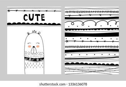 Cute bear vector print in scandinavian style. Set of hand drawn vector illustration for  cards, posters, cards, t-shirts, book, textile.