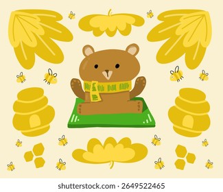 cute bear vector set with nature elements