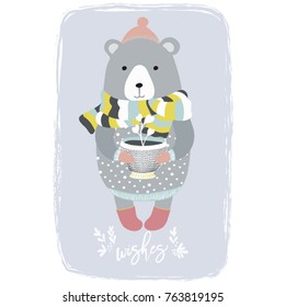 Cute bear vector.Birthday greeting card.