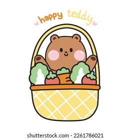 Cute bear with vegetables in basket.Happy teddy text.Carrot,tomato,chinese cabbage hand drawn.Wild animal.Kawaii.Vector.Illustration.