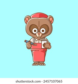 Cute bear waiter animal kawaii chibi character mascot illustration outline style design set