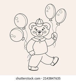 Cute bear is walking with balloons coloring page