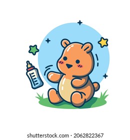 Cute bear wanting milk on a pacifier vector illustration. Cute baby bear in flat cartoon style. Suitable for stickers, illustrations, web landing pages and more.
