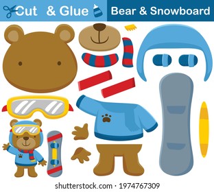 Cute bear in warm clothes and helmet with snowboard. Cutout and gluing. Vector cartoon illustration