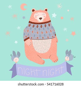 Cute bear in a warm sweater illustration. For children's books or cards. Aquamarine background.