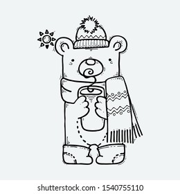 Cute bear in warm winter clothes with cup of hot drink. Warming in the winter cold weather. Vector season doodle illustration. Scarf, hat and woolen socks.