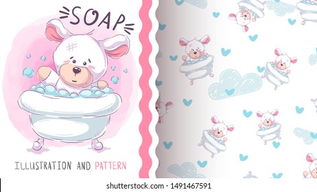 Cute bear wash - seamless pattern. Hand draw