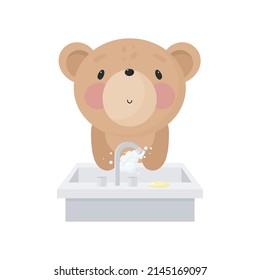 Cute Bear washes his hands. Vector illustration in cartoon style.