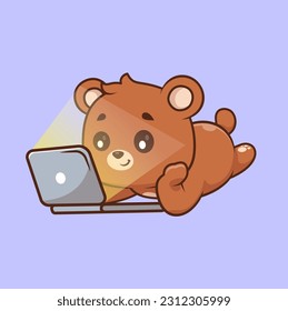 Cute Bear Watching Movie On Laptop Cartoon Vector Icon Illustration. Animal Technology Icon Concept Isolated Premium Vector. Flat Cartoon Style