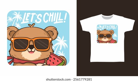 Cute bear with watermelon hand drawn illustration, vector ready for print on t-shirt and other uses.