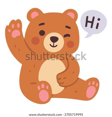cute bear waving hand say hi greeting flat color vector illustration template design