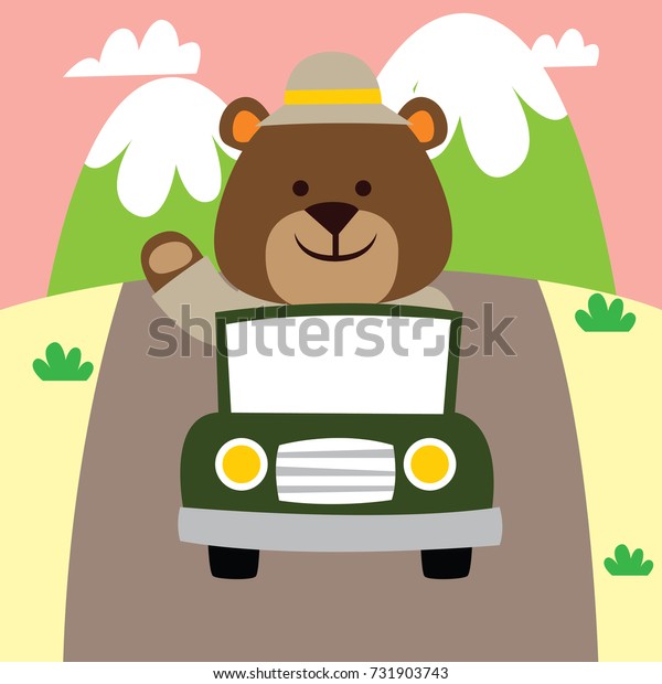 Cute bear waving\
while driving his car. Cute animal series for kid. Cute and funny\
animal t shirt design for\
kid.