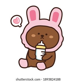 Cute bear wear rabbit hat hold milk bottle on white background.Animal cartoon character design.Baby graphic.Kawaii.Vector.Illustration.