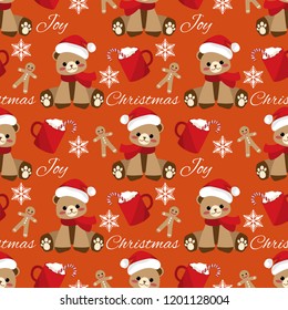 Cute bear wear Santa hat and red scarf with red mug with candy cane Christmas cookies, snowflakes and Christmas text seamless pattern. Cute Christmas cartoon character for wrapping papers etc.