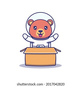 Cute bear wearing astronaut suit in cardboard