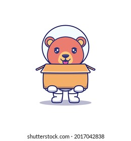 Cute bear wearing astronaut suit carrying a cardboard