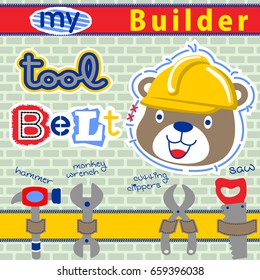 Cute bear wearing builder helmet with it tools, vector cartoon illustration