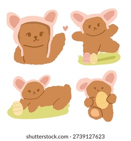 Cute Bear Wearing Bunny Hat Hunting Easter Eggs Spring Cartoon Vector Illustration Isolated on White Background