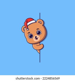 Cute bear wearing Christmas hat peeking around a sign 