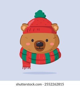 cute bear wearing christmas hat and scarf, cute christmas icon in animal shape, suitable for poster and web icon