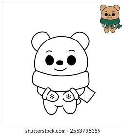 A cute bear wearing a cozy scarf and mittens. Trace and color the bear. An adorable vector illustration of a winter-themed bear. Perfect for children's coloring books.