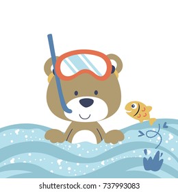 Cute bear wearing diving goggles in the sea with a fish, vector cartoon illustration