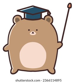 A cute bear wearing a doctoral cap and holding a pointer stick