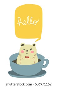 Cute bear wearing dungarees and portraying the character of people or morning person sitting with a cup of coffee or hot cocoa. Word balloon is also included. Vector illustration with doodle style.