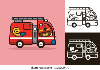 Cute bear wearing firefighter helmet driving fire truck. Vector icon illustration