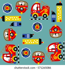 Cute bear wearing fireman helmet with firefighter elements pattern graphic, cartoon vector illustration. Eps 10