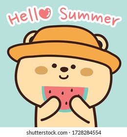 Cute bear wearing hat with watermelon on blue background.Hello summer concept.Cartoon character design.Animal doodle.Image for card,poster,banner,sticker,kid product.Kawaii.Vector.Illustration.