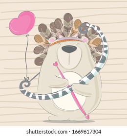 Cute bear wearing indian hat with pink balloon