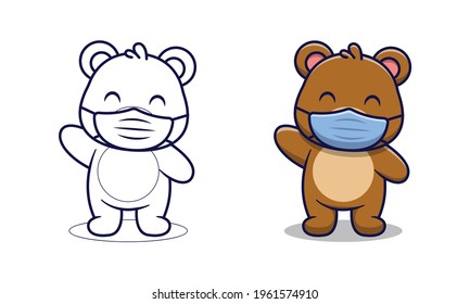 Cute bear wearing mask cartoon coloring pages for kids