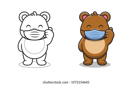 Cute bear wearing mask cartoon coloring pages