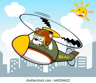 Cute bear wearing pilot helmet on helicopter, flying on buildings background, vector cartoon illustration