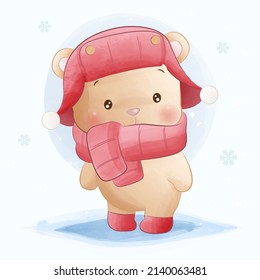 Cute bear wearing a red hat and scarf