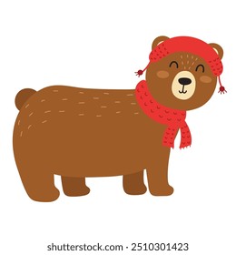 Oso lindo que lleva el sombrero rojo y la bufanda aislados en el fondo blanco. Adorable personaje de invierno en estilo de dibujos animados para el diseño de los niños. Oso Grizzly cachorro animal. Ilustración vectorial