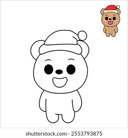 A cute bear wearing a Santa Claus hat with a pompom. Trace and color the bear. An adorable vector illustration of a Christmas-themed bear. 