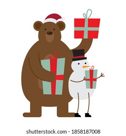 cute bear wearing santa hat and snowman christmas characters vector illustration design