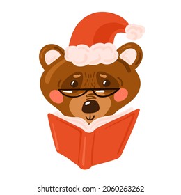 Cute bear wearing Santa hat reading book. Vector illustration for Christmas. Cute brown bear head.
