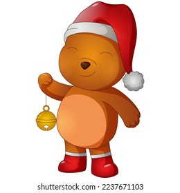 Cute bear wearing santa hat holding round bell
