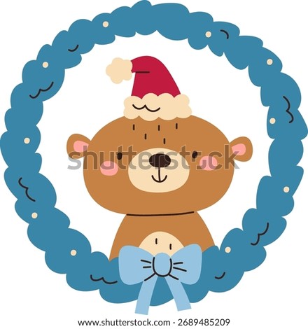 A cute bear wearing a Santa hat is surrounded by a decorative wreath with a bow in a cartoon style. The illustration depicts a festive bear framed by a holiday wreath. Cartoon vector illustration.