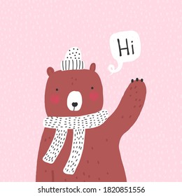 Cute bear wearing a scarf waving his paw.  Hand drawn vector illustration. Winter.