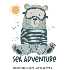 A cute bear wearing a snorkeling mask. Flat vector illustration in simple child style, white background, sea adventure inscription