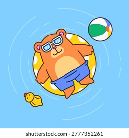Cute bear wearing sunglasses relaxing on a swimming float with beacswimh ball and rubber duck. Fun summer cartoon vector illustration for vacation and holiday themes.
