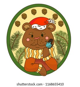 Cute bear wearing a sweater with ice cream in hand. New Year's collection.