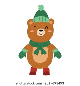 Oso lindo que lleva la ropa del invierno aislada en el fondo blanco. Adorable personaje de Navidades en estilo de dibujos animados para el diseño de los niños. Oso Grizzly cachorro animal. Ilustración vectorial