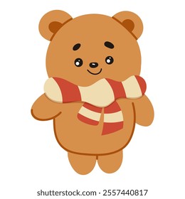 Cute bear wearing winter clothes. Adorable Christmas character in cartoon style for kids design. Flat vector illustration isolated on white background.