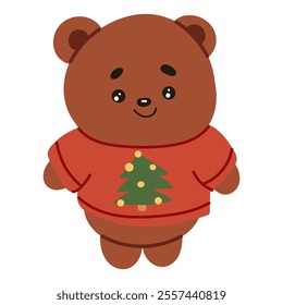 Cute bear wearing winter clothes. Adorable Christmas character in cartoon style for kids design. Flat vector illustration isolated on white background.